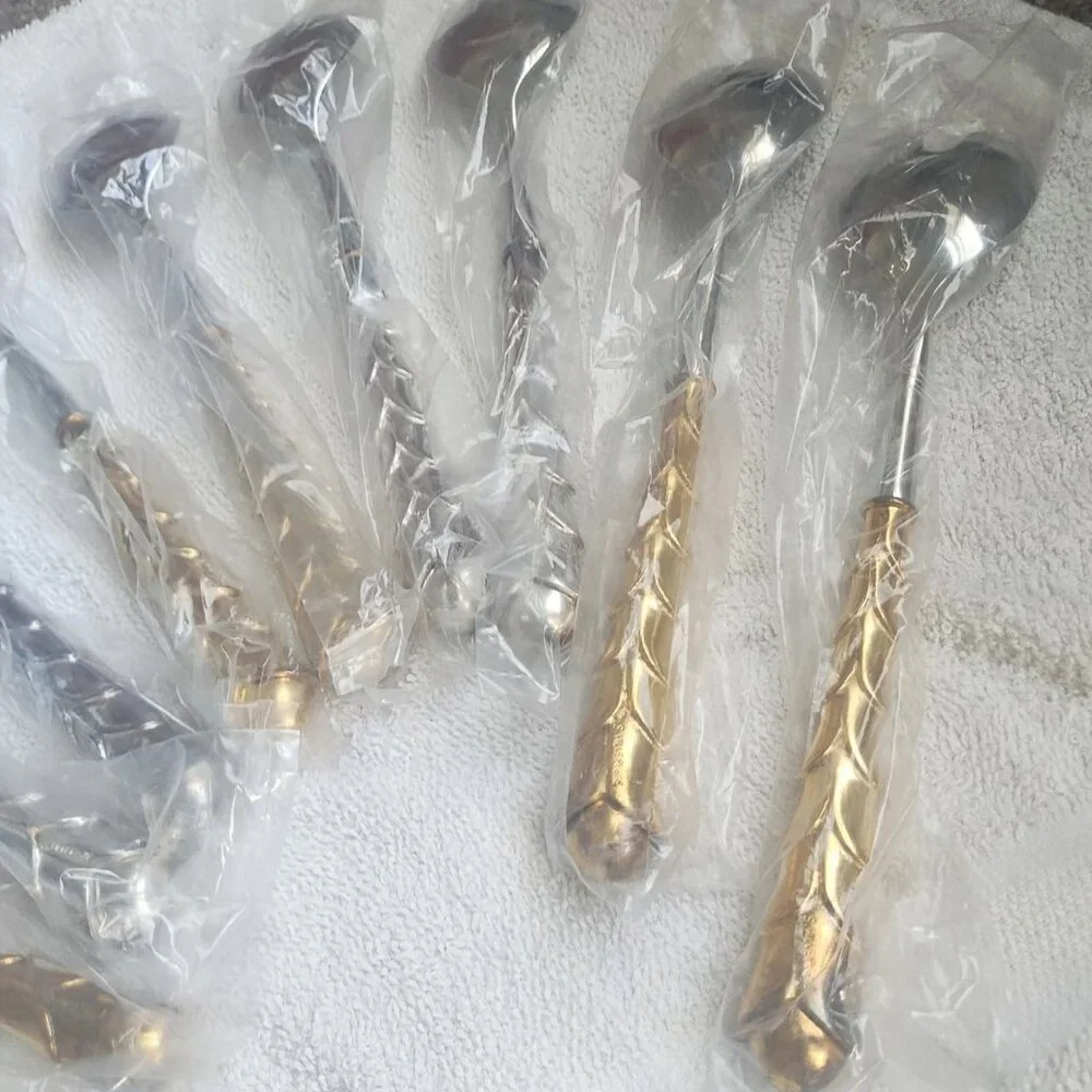 12 PC LOT French Silver Gold Plate Stainless Spoon Salad Cake Hostess Server SET